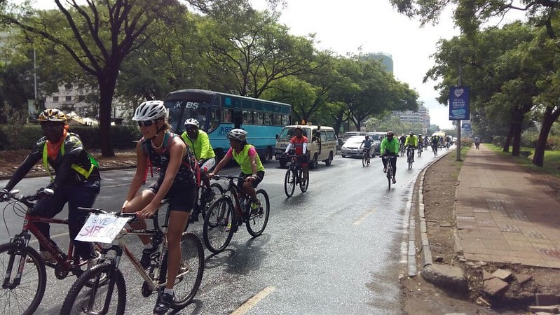 Women riding bikes at a Critical Mass Nairobi Event