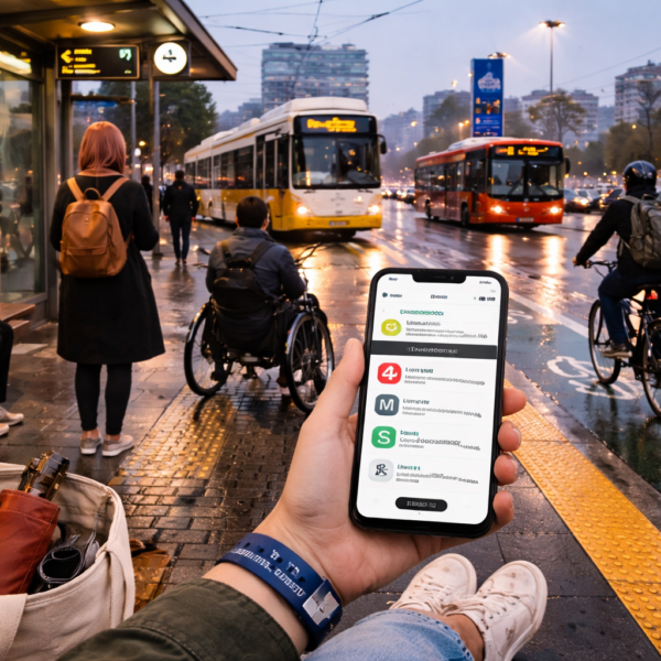 A first-person view from a woman waiting at a busy urban transport stop on a rainy evening. In the foreground, her hand holds a smartphone displaying multimodal travel options, while a tote bag with everyday items rests nearby. In the background, a tram and bus approach, a cyclist rides past, and diverse commuters, including a person using a wheelchair, wait along a well-lit platform with tactile paving and bike lanes, highlighting accessibility and inclusive urban mobility.