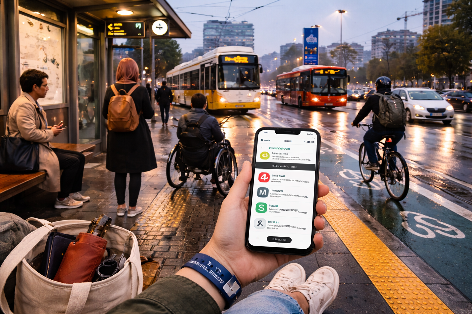 A first-person view from a woman waiting at a busy urban transport stop on a rainy evening. In the foreground, her hand holds a smartphone displaying multimodal travel options, while a tote bag with everyday items rests nearby. In the background, a tram and bus approach, a cyclist rides past, and diverse commuters, including a person using a wheelchair, wait along a well-lit platform with tactile paving and bike lanes, highlighting accessibility and inclusive urban mobility.